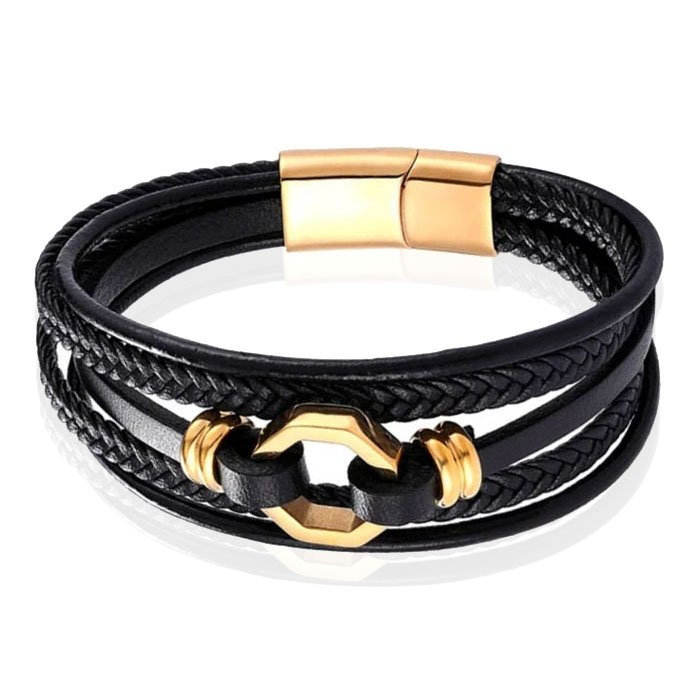 Mendes Jewelry Heren Armband van Roestvrijstaal en Echt Leder - Stijlvol Zwart met Gouden Achtkant-23cm 1 Mendes Jewelry Heren Armband van Roestvrijstaal en Echt Leder - Stijlvol Zwart met Gouden Achtkant-23cm
