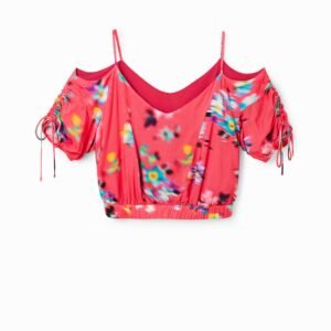 Korte aangerimpelde blouse met bloemen - RED - XS