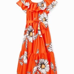 Midi-jurk ruches madeliefjes - ORANGE - XS