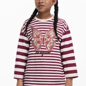 Gestreept T-shirt met vlinder en kralen - RED - 11/12