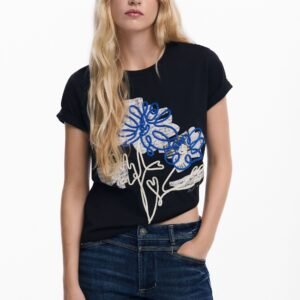 Bloemen T-shirt met koord - BLACK - M