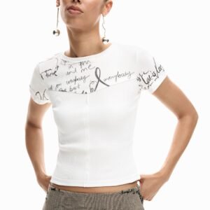 Geribd t-shirt met lettering - WHITE - XL