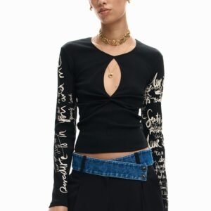 T-shirt met opening en lettering - BLACK - XS