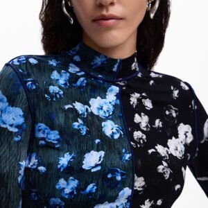 Tweekleurig bloemen t-shirt - BLACK - XS