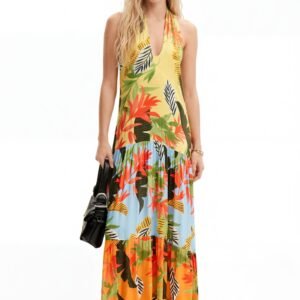 Tropische maxi-jurk halternek - MATERIAL FINISHES - L