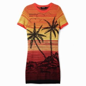 Korte gebreide jurk palmbomen - RED - L