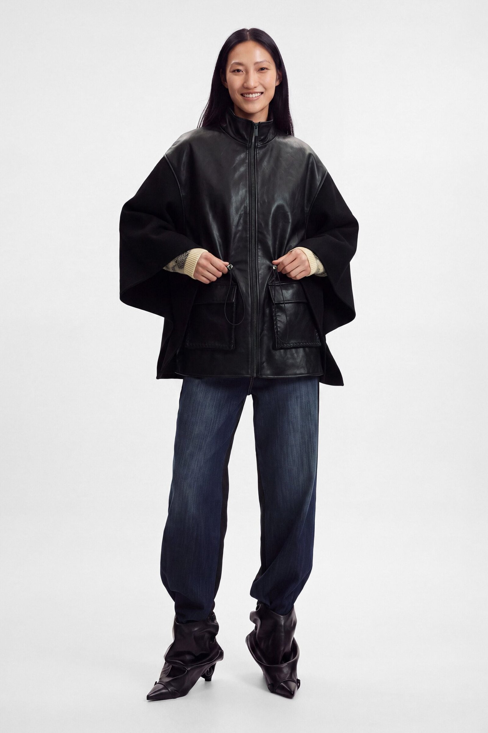 Poncho in leerlook - BLACK - U 1 Poncho in leerlook - BLACK - U