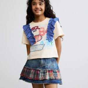 Bedrukte T-shirt met ruches - WHITE - 11/12