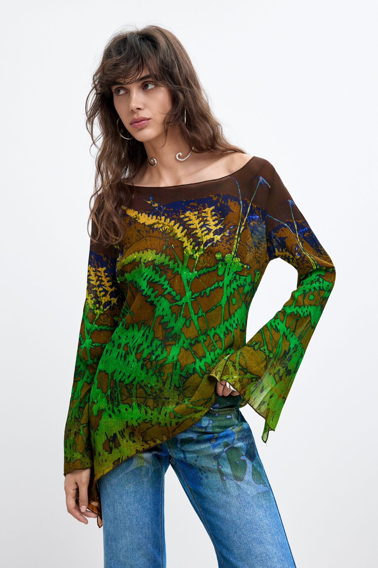 Asymmetrische bedrukte blouse M. C. Lacroix - GREEN - XL 1 Asymmetrische bedrukte blouse M. C. Lacroix - GREEN - XL