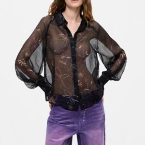 Transparente bloemenblouse - BLACK - L