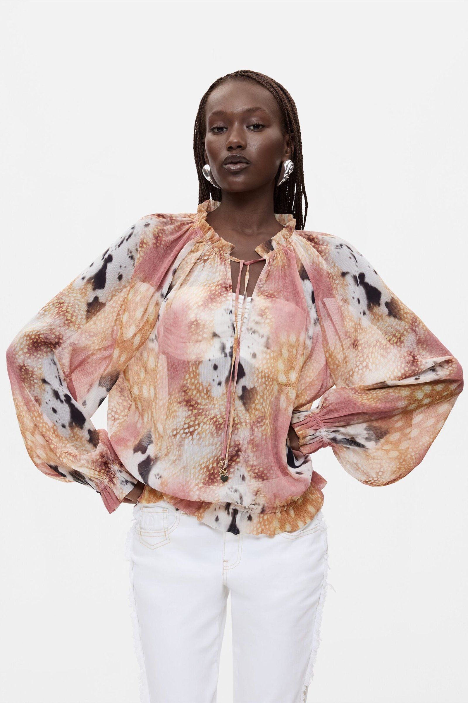Bedrukte blouse met trekkoord - WHITE - XL 1 Bedrukte blouse met trekkoord - WHITE - XL