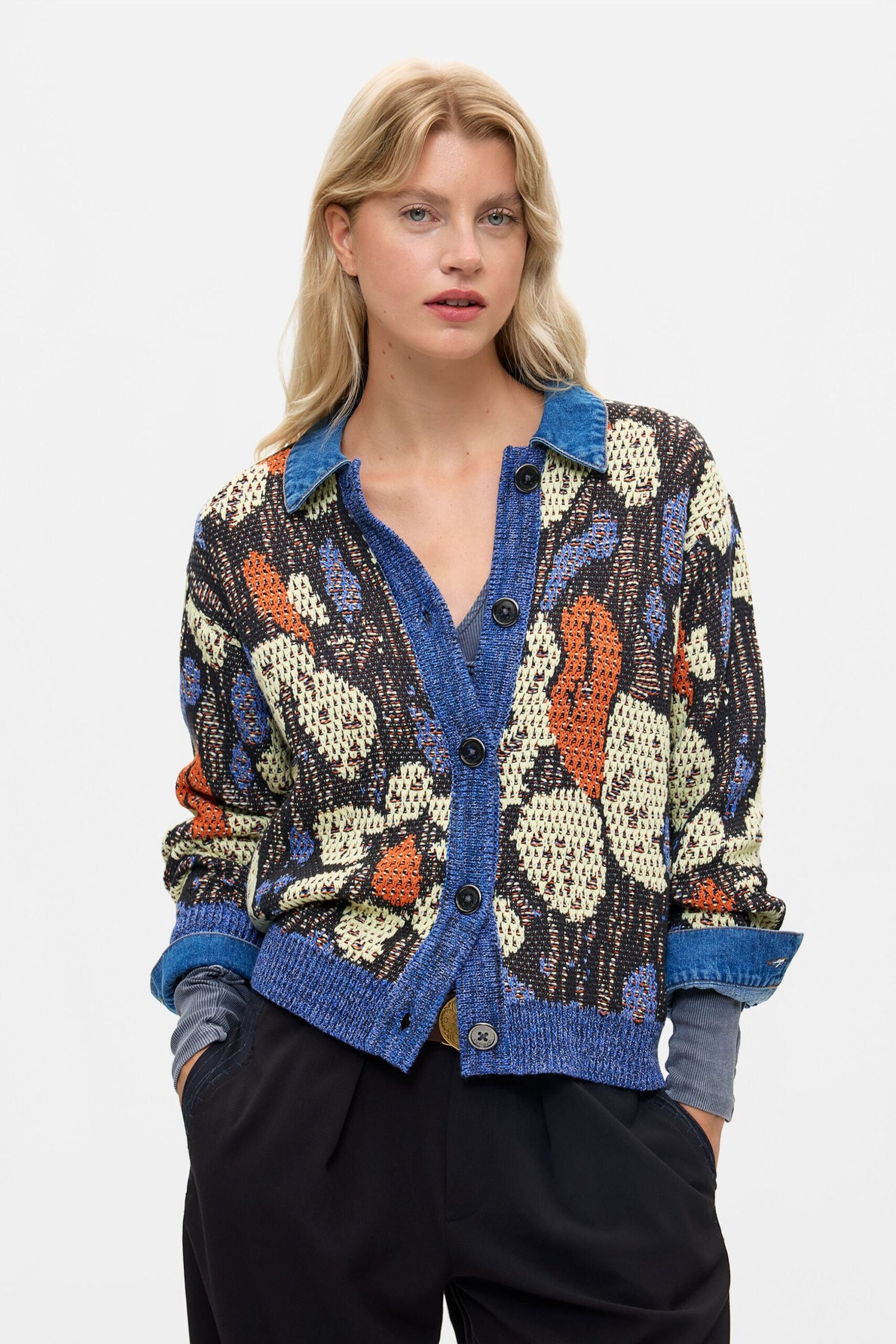 Jacquard jas met denimdetails - BLUE - L 1 Jacquard jas met denimdetails - BLUE - L