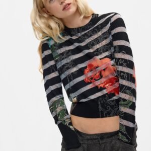 Jacquard trui met bloemen - BLACK - L