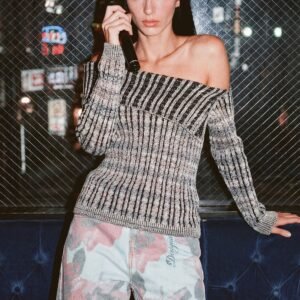 Geribbelde trui met boothals - BLACK - XL