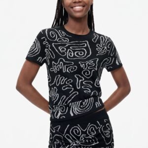 Jacquard breisel T-shirt - BLACK - XS
