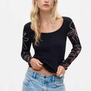 Lange mouw bloemig T-shirt - BLACK - L