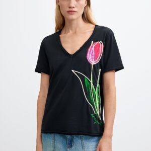 T-shirt met bloemenprint 100% katoen - BLACK - XS