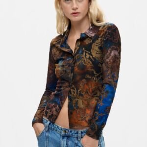 Geflockte blouse - BROWN - XS