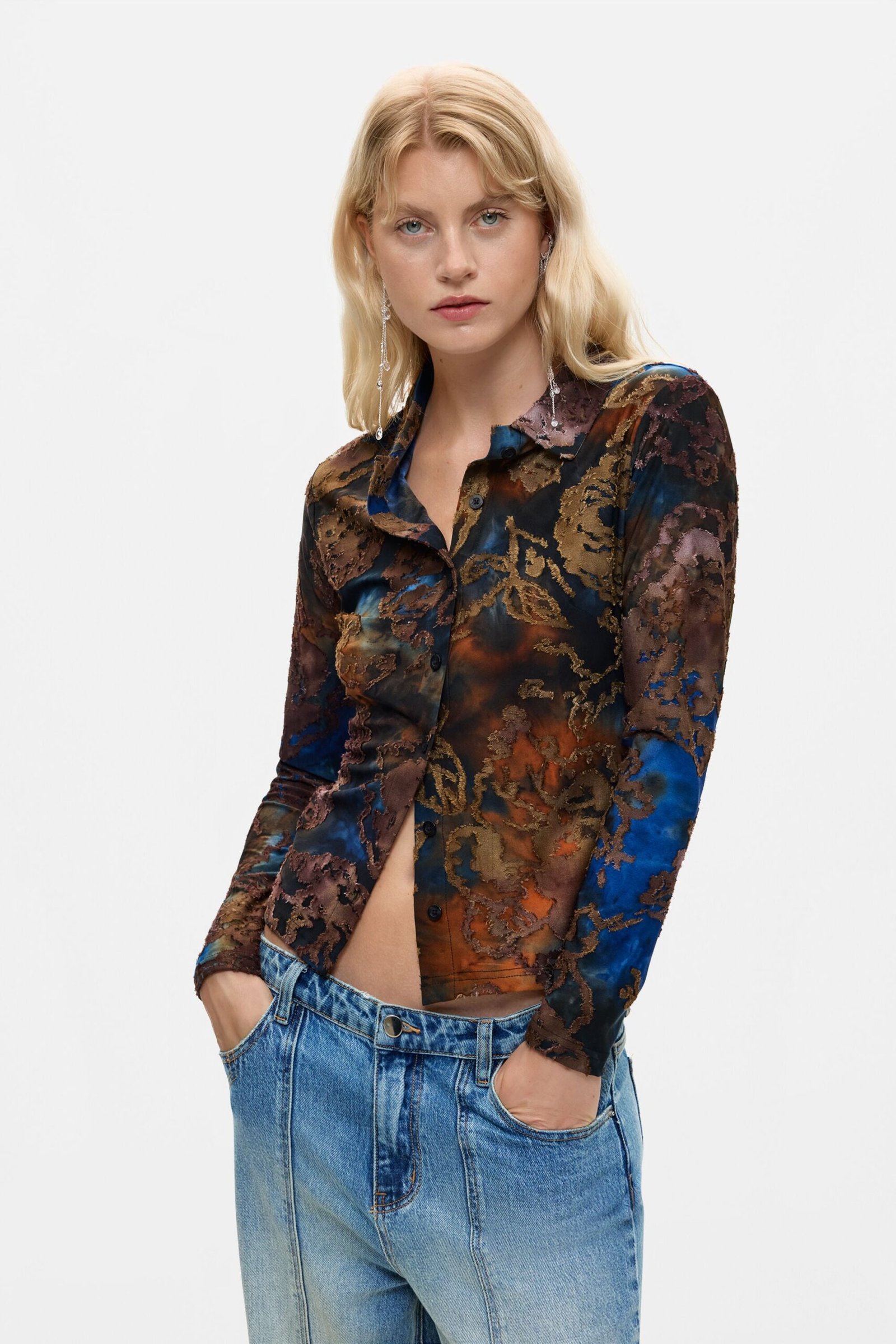 Geflockte blouse - BROWN - XS 1 Geflockte blouse - BROWN - XS