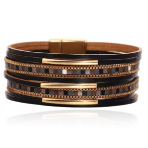 Deja Armband goudkleurig met zwart leer en mozaïek detail