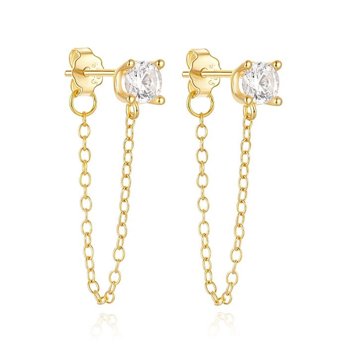 Elenza Sterling Zilveren Oorbellen met Ketting en Zirkonia - Goudkleurig