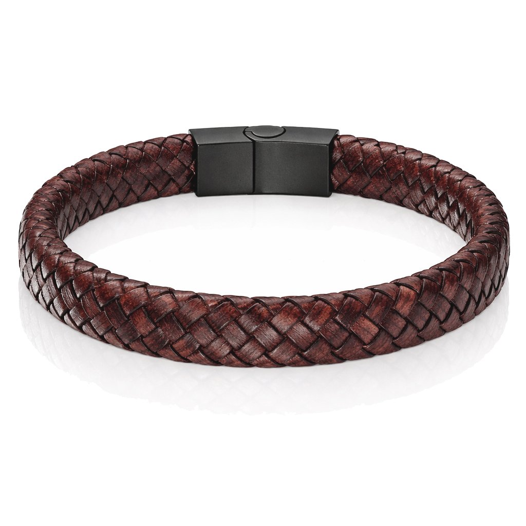 Gevlochten Leren Armband Heren Edelstaal Sluiting Bruin-22cm 1 Gevlochten Leren Armband Heren Edelstaal Sluiting Bruin-22cm