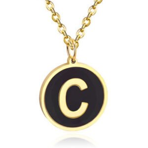 Goudkleurige Dames Schakelketting met Zwarte Kettinghanger Letter C
