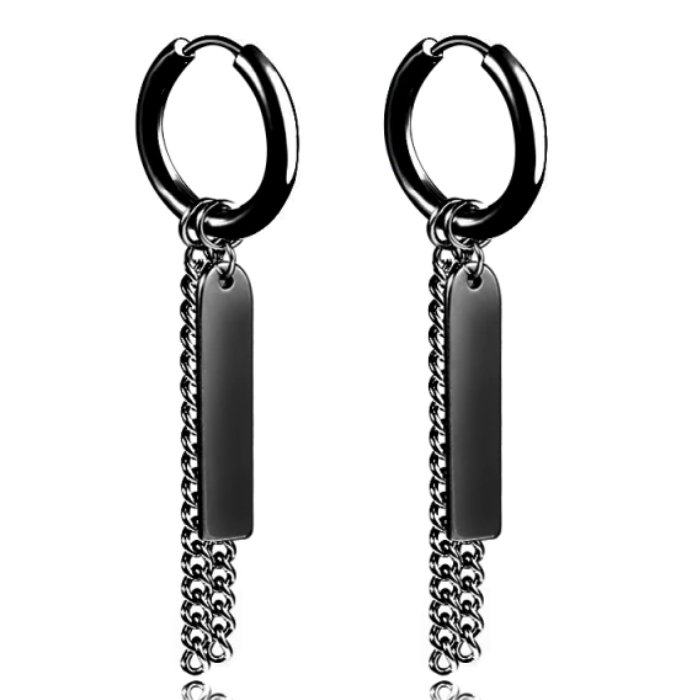 Heren oorringen zwart van edelstaal met een staaf en ketting 1 Heren oorringen zwart van edelstaal met een staaf en ketting