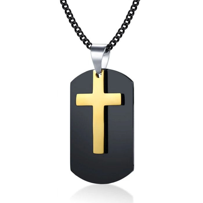 Heren SchakelKetting met Zwarte Dogtag Hanger Goudkleurig Kruis 1 Heren SchakelKetting met Zwarte Dogtag Hanger Goudkleurig Kruis