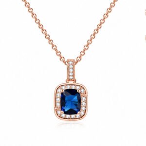 LGT JWLS Rosegoudkleurige Damesketting met Rechthoekige Donkerblauwe Zirkonia Hanger