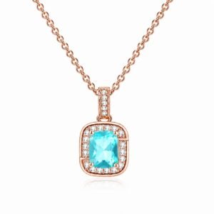 LGT JWLS Rosegoudkleurige Damesketting met Rechthoekige Lichtblauwe Zirkonia Hanger