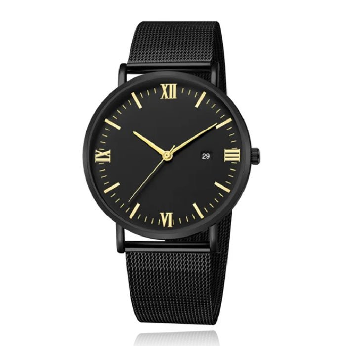 LGT JWLS Herenhorloge met Zwarte Mesh Band - Goudkleurige Uuraanduiding 1 LGT JWLS Herenhorloge met Zwarte Mesh Band - Goudkleurige Uuraanduiding