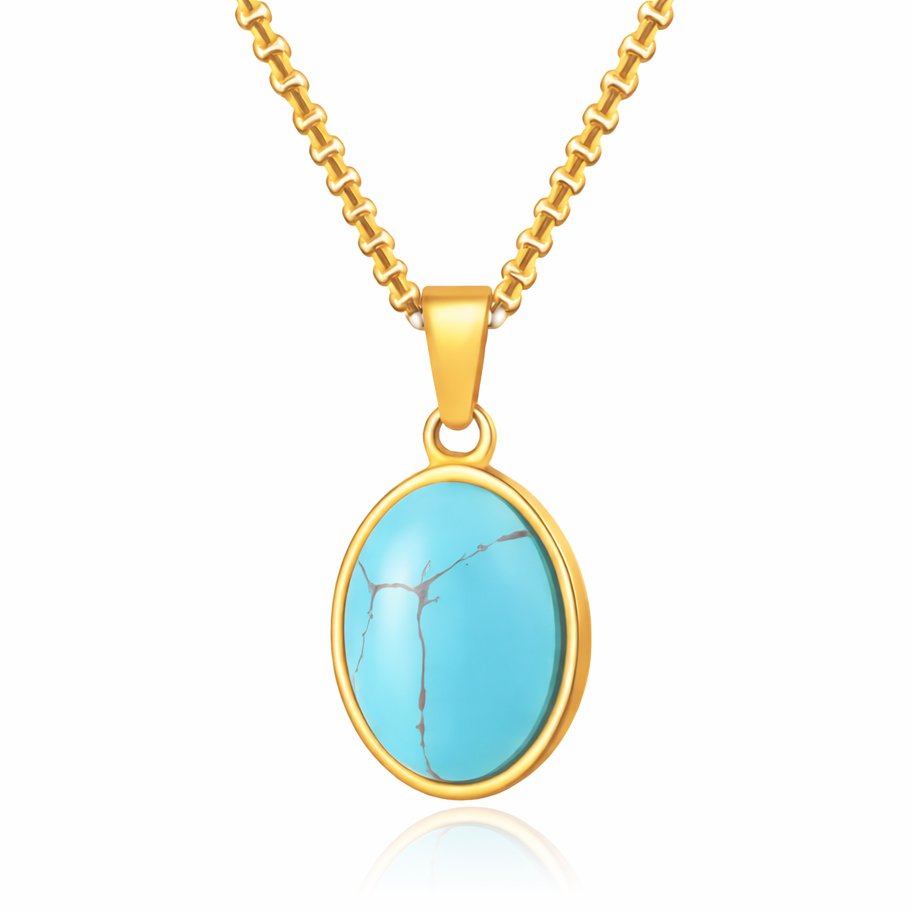 Mendes Goudkleurige Heren Ketting met Ovale Lichtblauwe Edelsteen Hanger 1 Mendes Goudkleurige Heren Ketting met Ovale Lichtblauwe Edelsteen Hanger