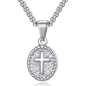 Mendes Zilverkleurige Heren Ketting met Ovale Kruis Hanger