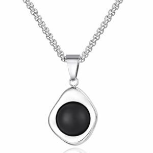 Mendes Zilverkleurige Heren Ketting met Ronde Zwarte Steen Hanger