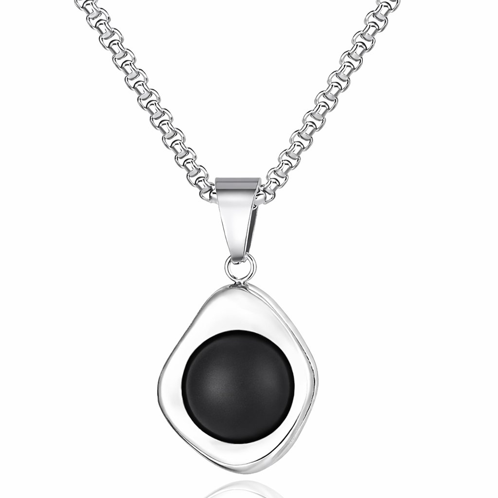 Mendes Zilverkleurige Heren Ketting met Ronde Zwarte Steen Hanger 1 Mendes Zilverkleurige Heren Ketting met Ronde Zwarte Steen Hanger