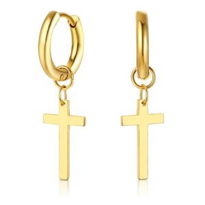 Goudkleurige Heren Oorringen met Kruis Hanger - RVS Oorbellen Set - Minimalistisch Stoer Design