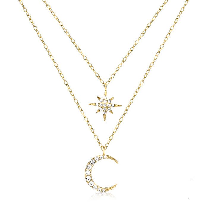 Zilveren Dubbele Ketting met Gouden Plating en Ster en Maan Hangers - Hemelse Schoonheid van Elenza
