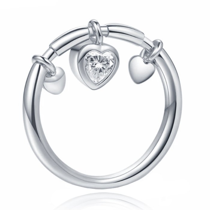 Zilverkleurige Dames Ring met Hart Hanger van Zirkonia-18mm 1 Zilverkleurige Dames Ring met Hart Hanger van Zirkonia-18mm